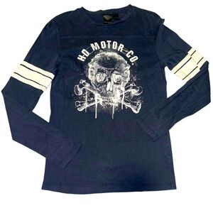 Harley-Davidson Long Sleeve Shirt Small Navy Graphic Skull Print Striped Arms